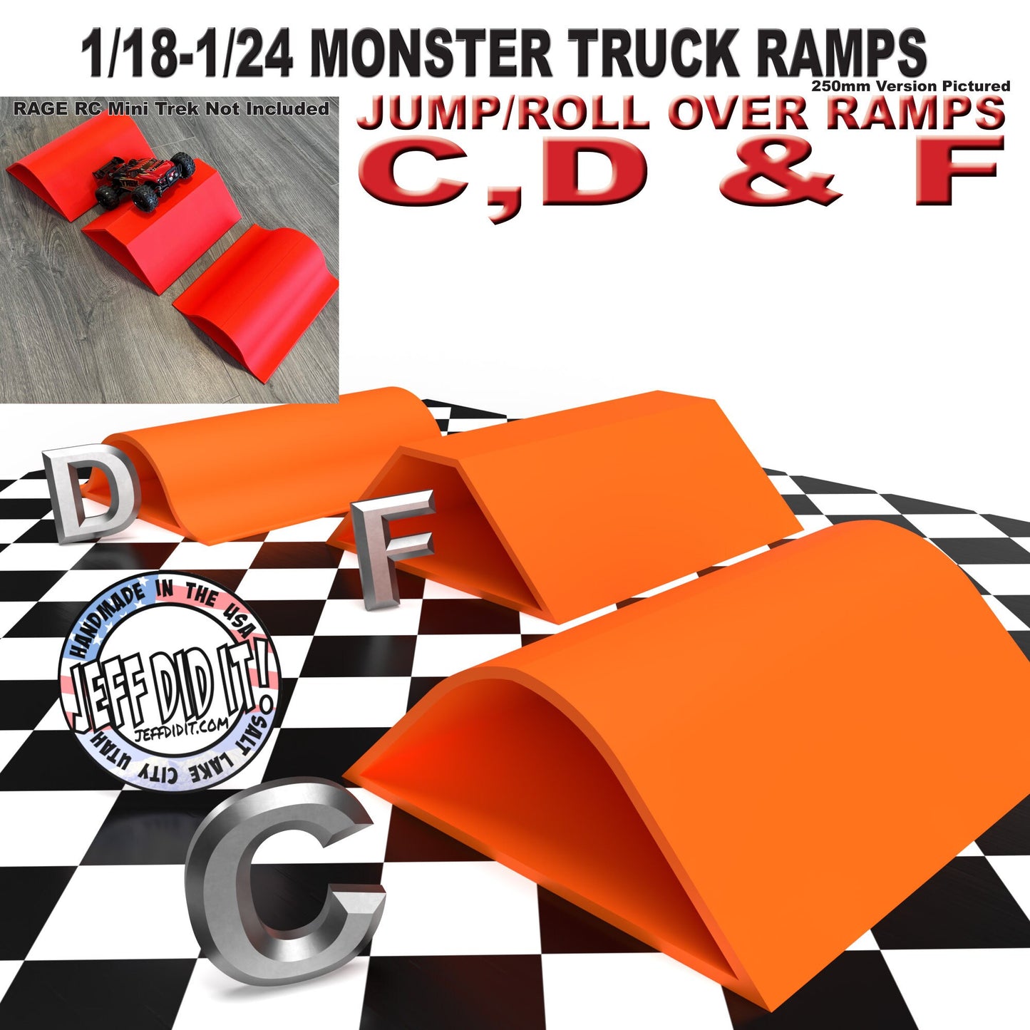 1/24th Monster Truck Ramp Set Includes 3 Jump/Roll Over Ramps - WIDE 250mm - Includes Anti Slip Rubber Feet - Great Gift!