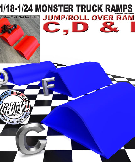1/24th Monster Truck Ramp Set Includes 3 Jump/Roll Over Ramps - WIDE 250mm - Includes Anti Slip Rubber Feet - Great Gift!