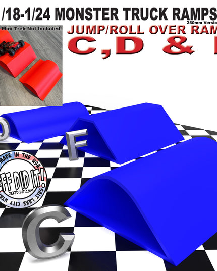 1/24th Monster Truck Ramp Set Includes 3 Jump/Roll Over Ramps - WIDE 250mm - Includes Anti Slip Rubber Feet - Great Gift!