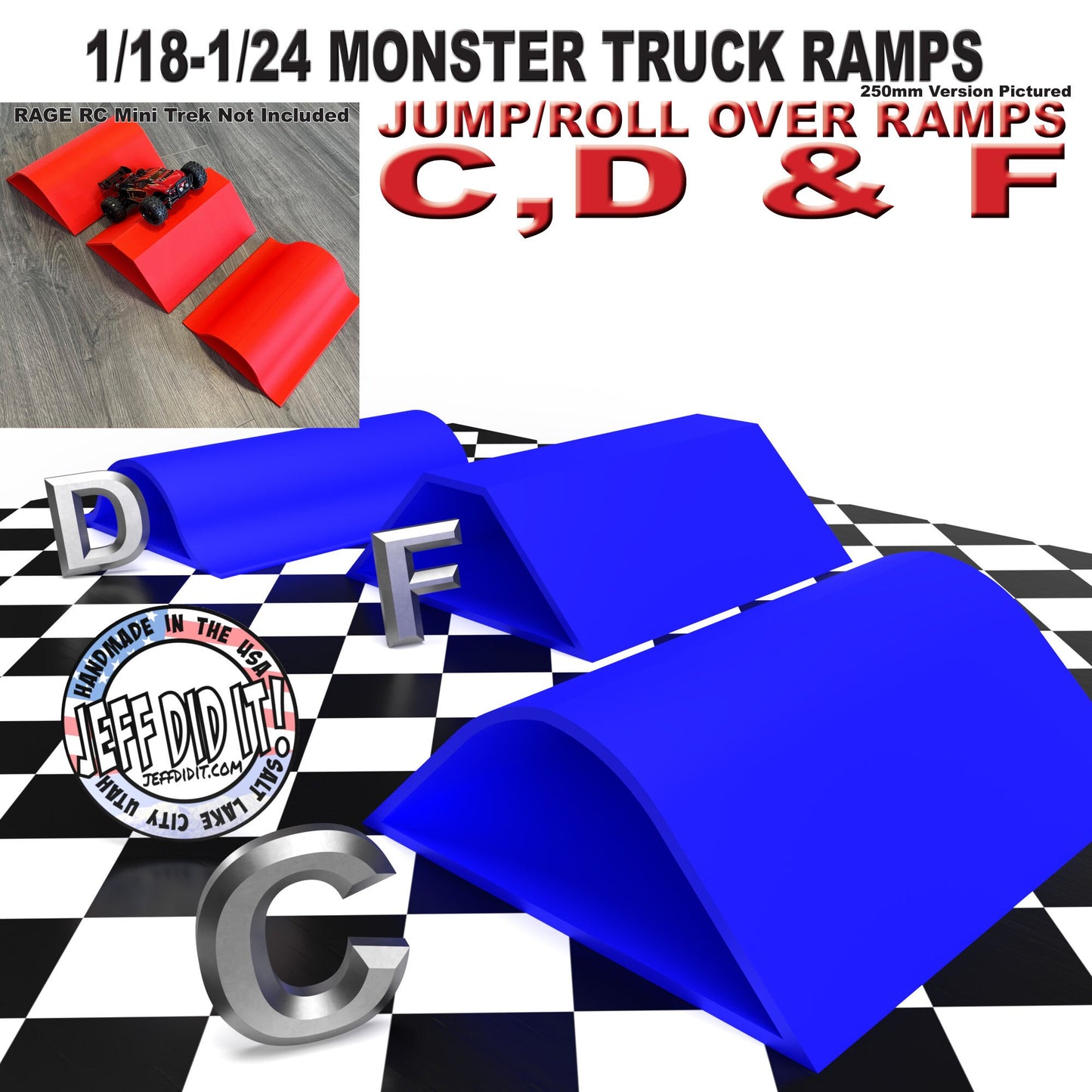 1/24th Monster Truck Ramp Set Includes 3 Jump/Roll Over Ramps - WIDE 250mm - Includes Anti Slip Rubber Feet - Great Gift!