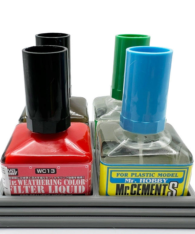 Anti-Tip 3D Printed Mr Hobby Cement Glue Weathering Quad Bottle Holder with Rubber Feet