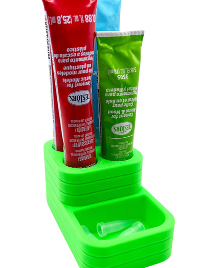 Jeff Did It! - Testors Glue / Putty Holder - Holds 4 Cement, Glue, Putty, etc & Tips - Anti-Slip Rubber Feet - 3D Printed - Made in the USA