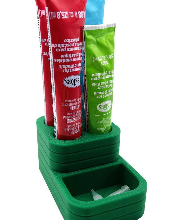 Jeff Did It! - Testors Glue / Putty Holder - Holds 4 Cement, Glue, Putty, etc & Tips - Anti-Slip Rubber Feet - 3D Printed - Made in the USA