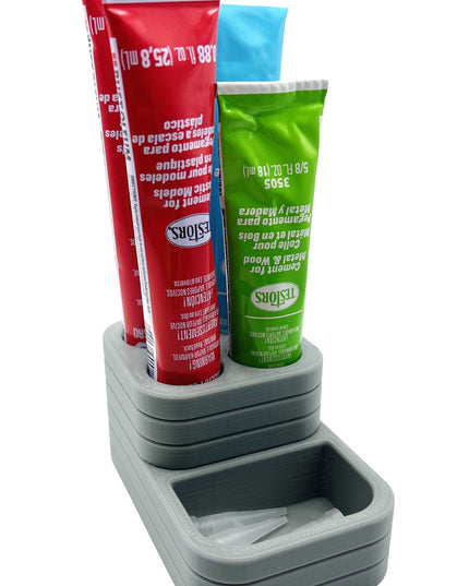 Jeff Did It! - Testors Glue / Putty Holder - Holds 4 Cement, Glue, Putty, etc & Tips - Anti-Slip Rubber Feet - 3D Printed - Made in the USA
