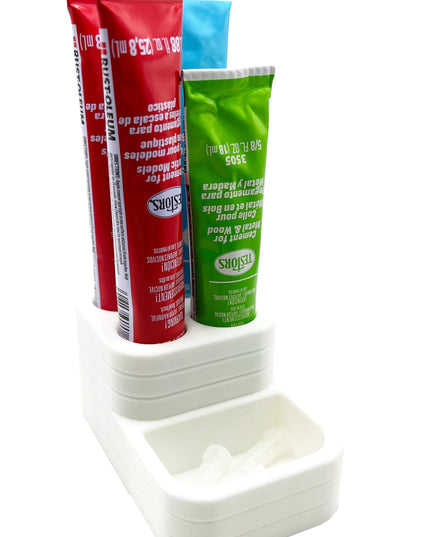 Jeff Did It! - Testors Glue / Putty Holder - Holds 4 Cement, Glue, Putty, etc & Tips - Anti-Slip Rubber Feet - 3D Printed - Made in the USA