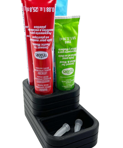 Jeff Did It! - Testors Glue / Putty Holder - Holds 4 Cement, Glue, Putty, etc & Tips - Anti-Slip Rubber Feet - 3D Printed - Made in the USA