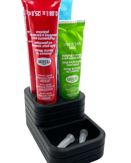 Jeff Did It! - Testors Glue / Putty Holder - Holds 4 Cement, Glue, Putty, etc & Tips - Anti-Slip Rubber Feet - 3D Printed - Made in the USA