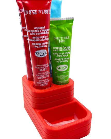 Jeff Did It! - Testors Glue / Putty Holder - Holds 4 Cement, Glue, Putty, etc & Tips - Anti-Slip Rubber Feet - 3D Printed - Made in the USA