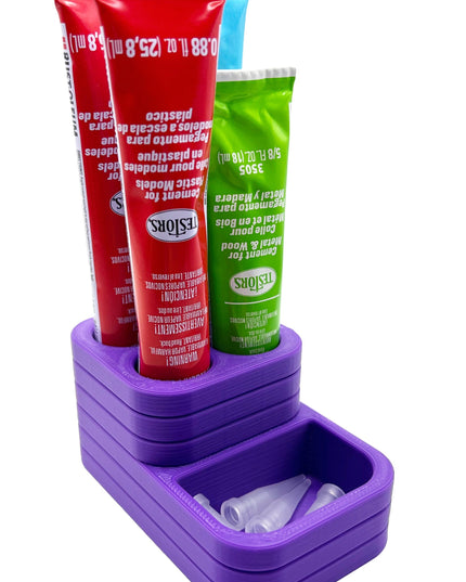 Jeff Did It! - Testors Glue / Putty Holder - Holds 4 Cement, Glue, Putty, etc & Tips - Anti-Slip Rubber Feet - 3D Printed - Made in the USA