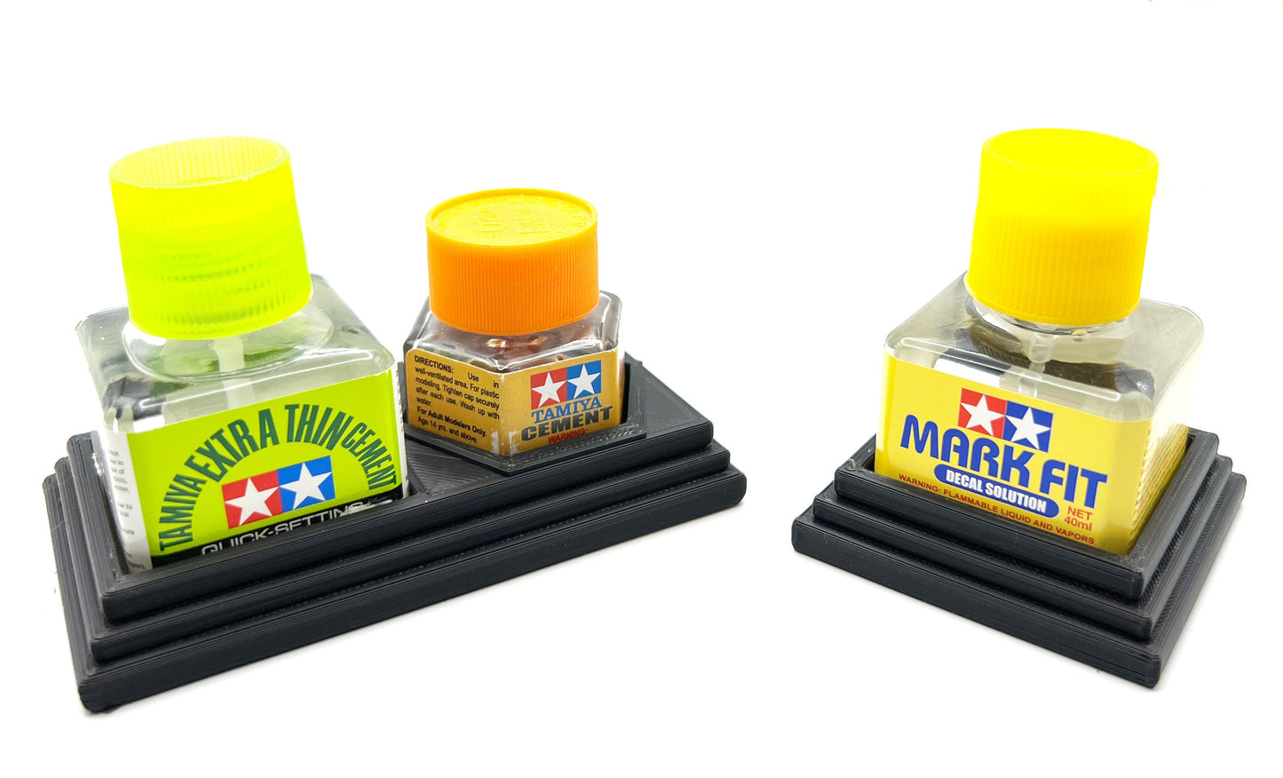 Anti-Tip 3D Printed Tamiya Glue Bottle Holder Square & Hex Style + Single Square 1 Each w/Rubber Feet Tamiya 87038 87012