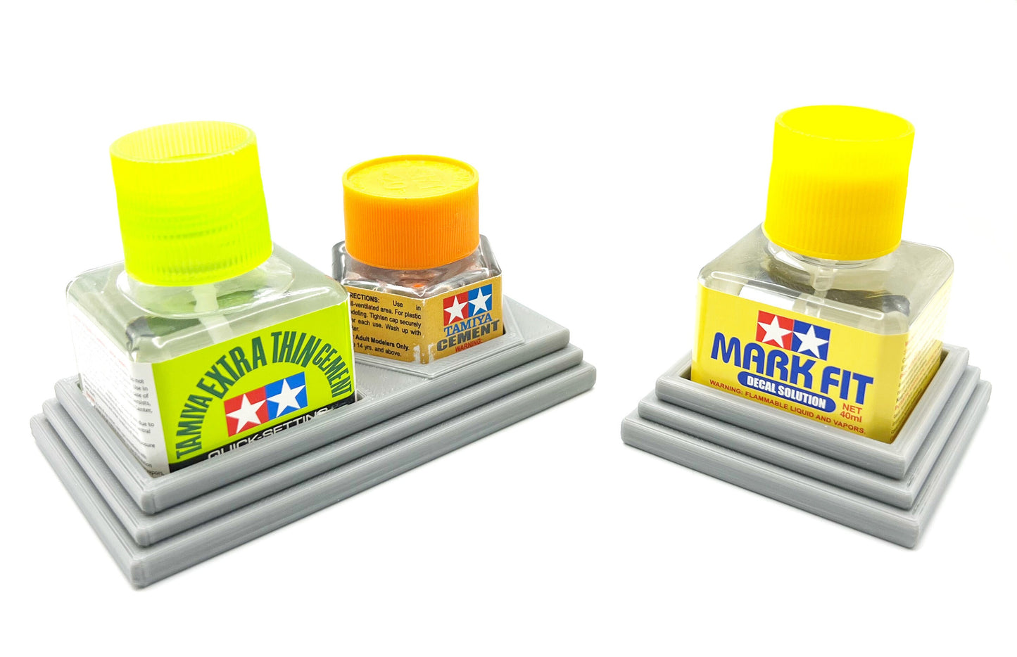 Anti-Tip 3D Printed Tamiya Glue Bottle Holder Square & Hex Style + Single Square 1 Each w/Rubber Feet Tamiya 87038 87012