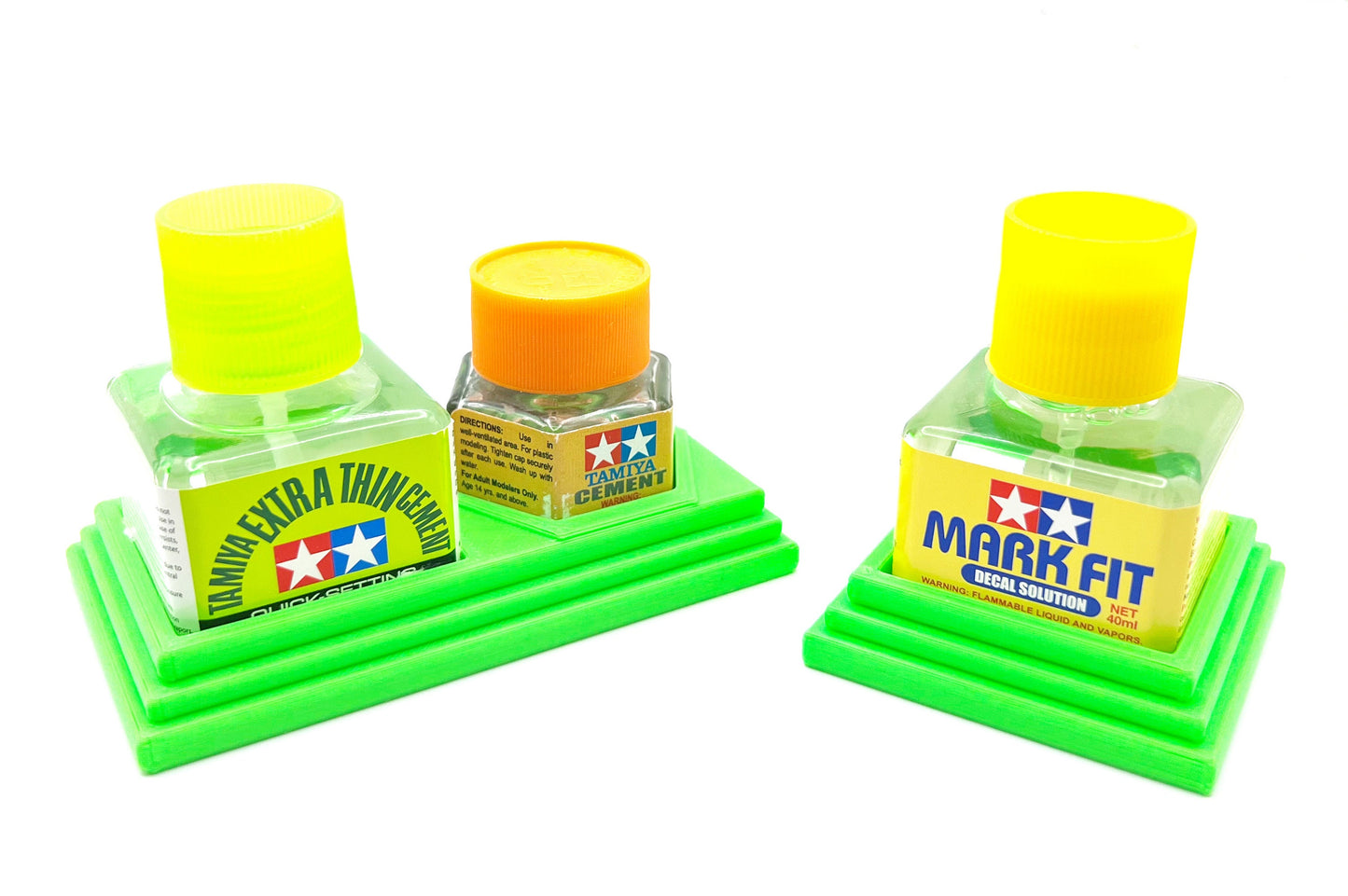 Anti-Tip 3D Printed Tamiya Glue Bottle Holder Square & Hex Style + Single Square 1 Each w/Rubber Feet Tamiya 87038 87012