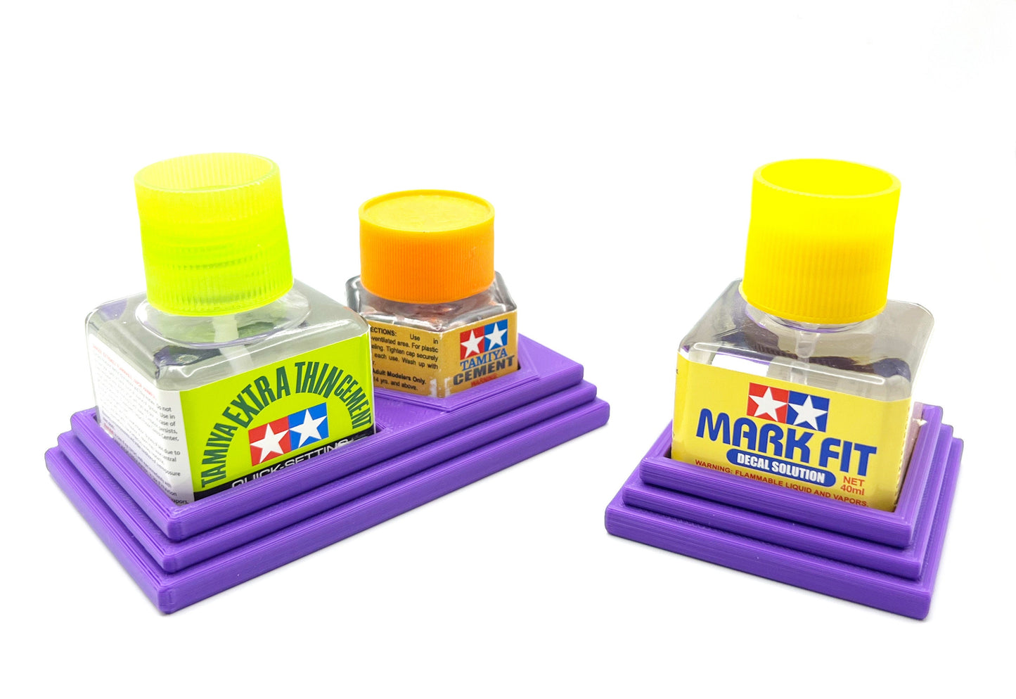 Anti-Tip 3D Printed Tamiya Glue Bottle Holder Square & Hex Style + Single Square 1 Each w/Rubber Feet Tamiya 87038 87012