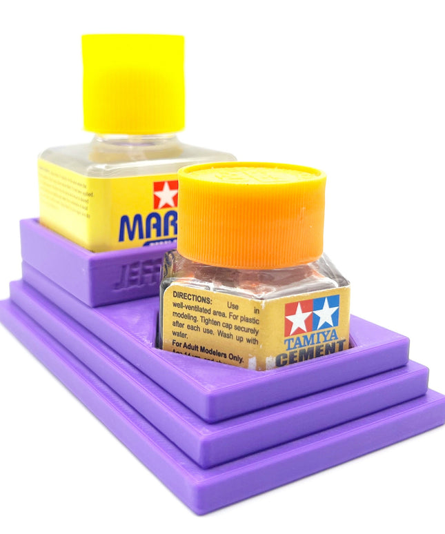 Anti-Tip 3D Printed Tamiya Glue Bottle Holder Stepped Square and Hex with Rubber Feet Tamiya 87038 87012