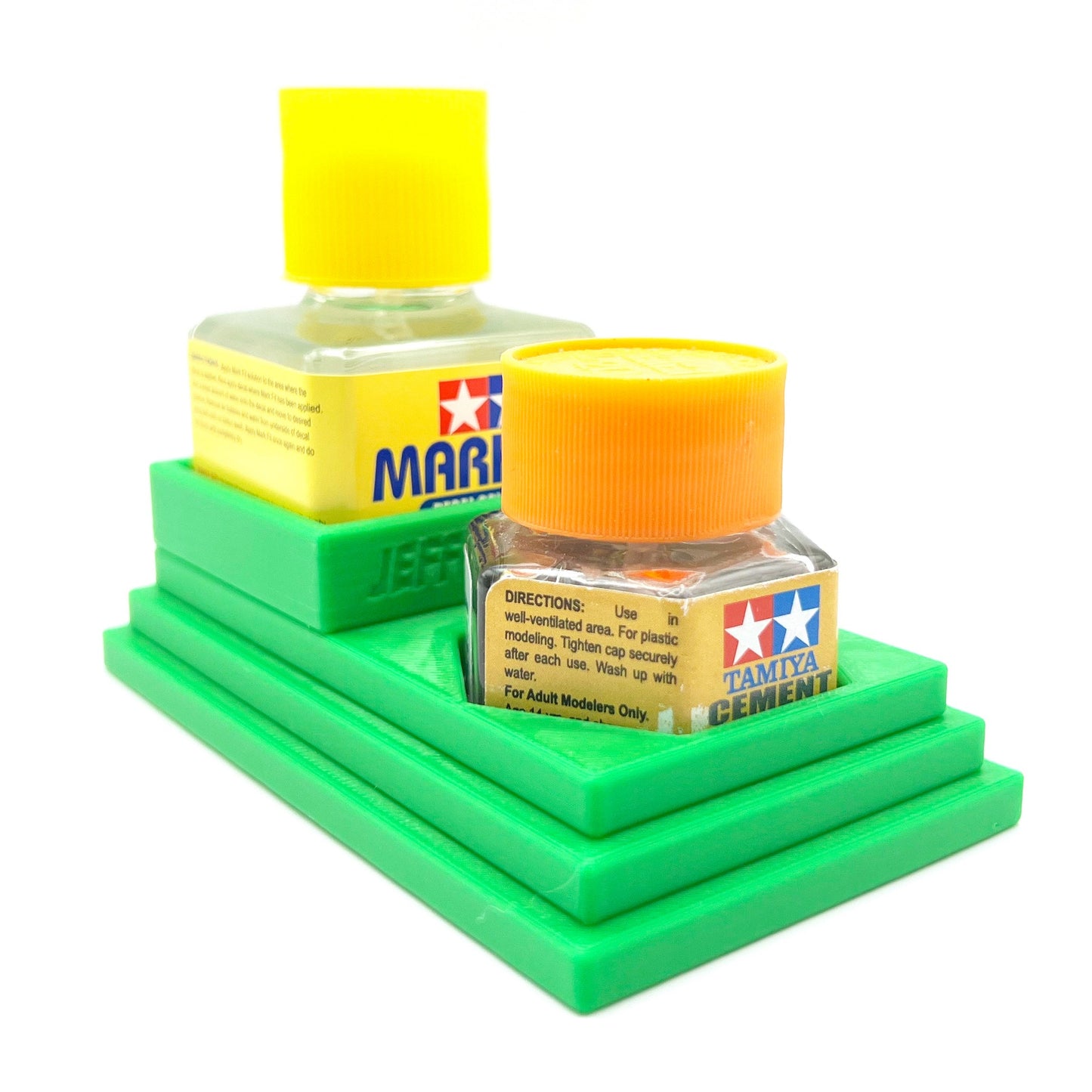 Anti-Tip 3D Printed Tamiya Glue Bottle Holder Stepped Square and Hex with Rubber Feet Tamiya 87038 87012