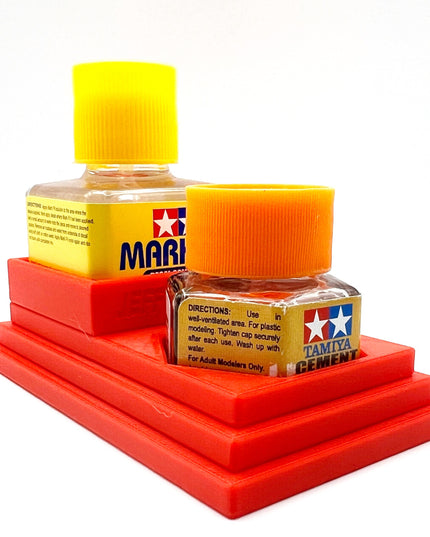 Anti-Tip 3D Printed Tamiya Glue Bottle Holder Stepped Square and Hex with Rubber Feet Tamiya 87038 87012