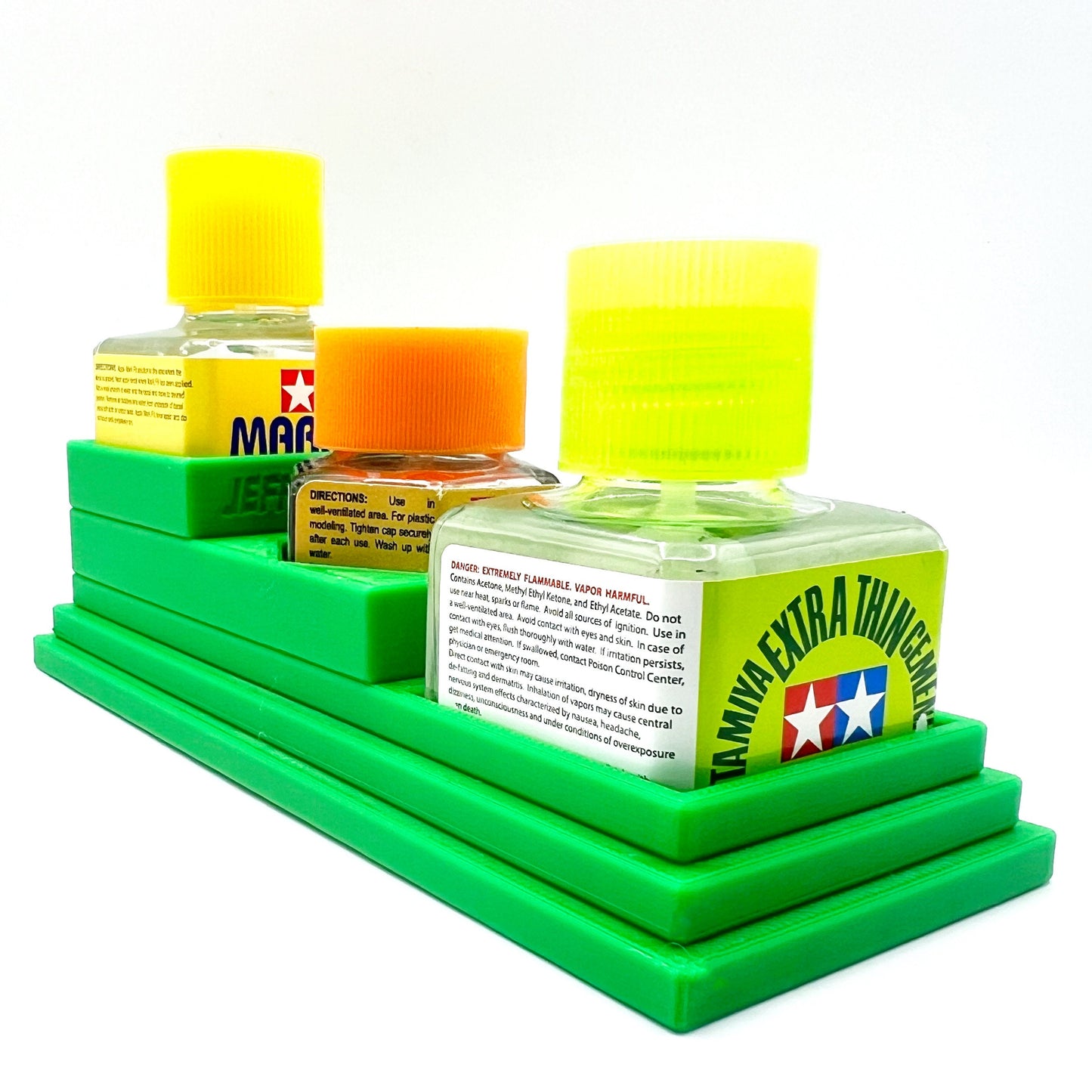 Anti-Tip 3D Printed Tamiya Glue Bottle Holder Stepped Double Square & 1 Hex with Rubber Feet Tamiya 87038 87012