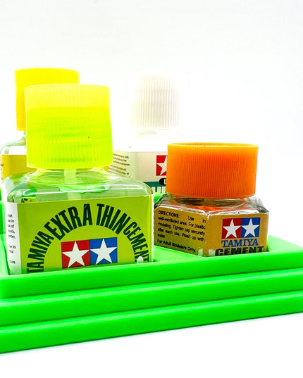 Anti-Tip 3D Printed Tamiya Glue Bottle Holder Stepped 3 Square and 1 Hex with Rubber Feet Tamiya 87038 87012