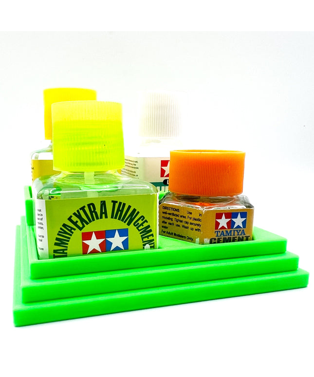 Anti-Tip 3D Printed Tamiya Glue Bottle Holder Stepped 3 Square and 1 Hex with Rubber Feet Tamiya 87038 87012