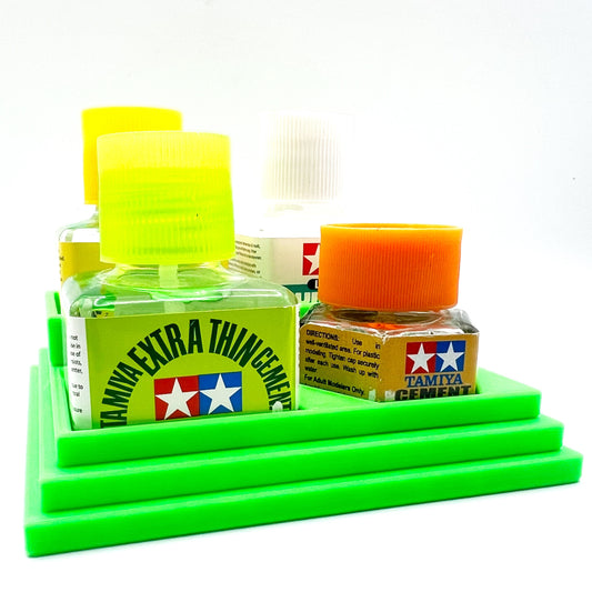 Anti-Tip 3D Printed Tamiya Glue Bottle Holder Stepped 3 Square and 1 Hex with Rubber Feet Tamiya 87038 87012