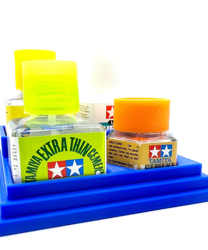 Anti-Tip 3D Printed Tamiya Glue Bottle Holder Stepped 3 Square and 1 Hex with Rubber Feet Tamiya 87038 87012