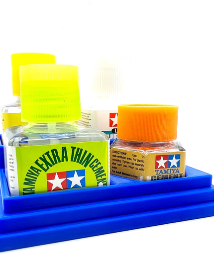 Anti-Tip 3D Printed Tamiya Glue Bottle Holder Stepped 3 Square and 1 Hex with Rubber Feet Tamiya 87038 87012