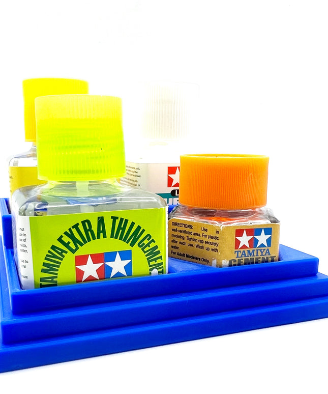 Anti-Tip 3D Printed Tamiya Glue Bottle Holder Stepped 3 Square and 1 Hex with Rubber Feet Tamiya 87038 87012