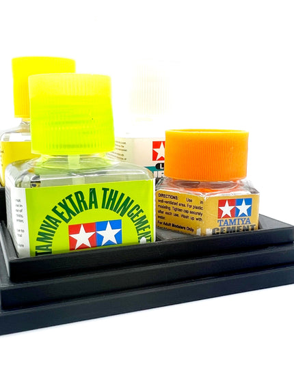 Anti-Tip 3D Printed Tamiya Glue Bottle Holder Stepped 3 Square and 1 Hex with Rubber Feet Tamiya 87038 87012