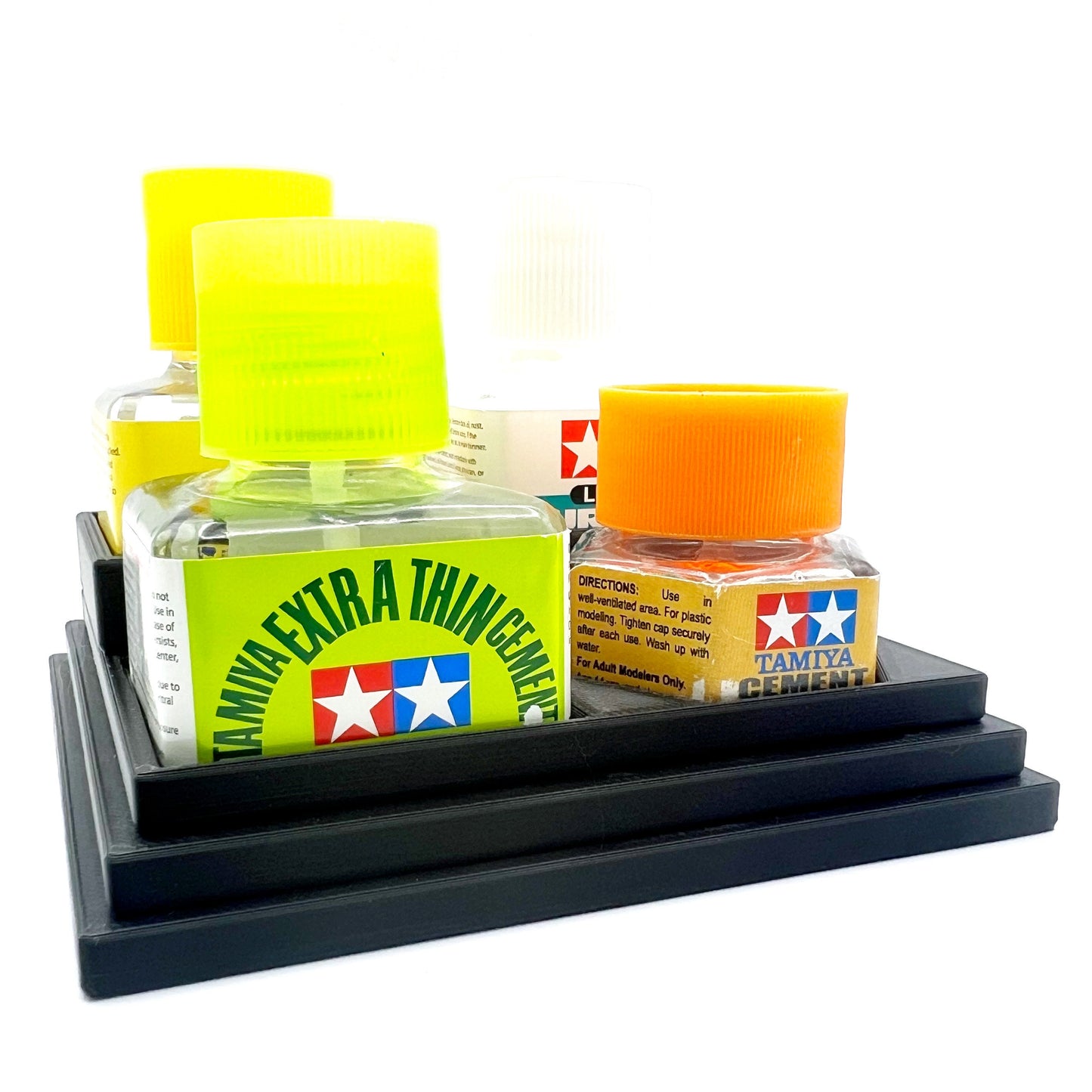 Anti-Tip 3D Printed Tamiya Glue Bottle Holder Stepped 3 Square and 1 Hex with Rubber Feet Tamiya 87038 87012