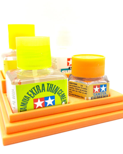 Anti-Tip 3D Printed Tamiya Glue Bottle Holder Stepped 3 Square and 1 Hex with Rubber Feet Tamiya 87038 87012
