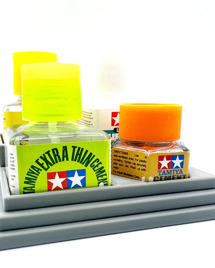 Anti-Tip 3D Printed Tamiya Glue Bottle Holder Stepped 3 Square and 1 Hex with Rubber Feet Tamiya 87038 87012
