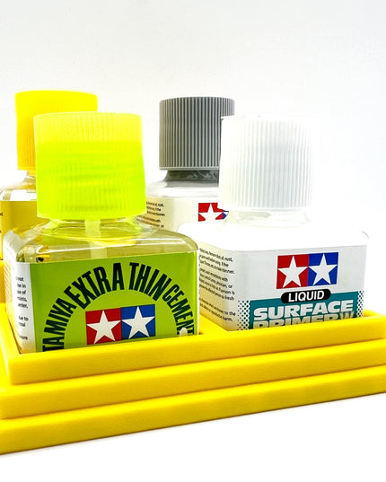 Anti-Tip 3D Printed Tamiya Glue Bottle Holder Stepped Quad Square with Rubber FeetTamiya 87038 87182