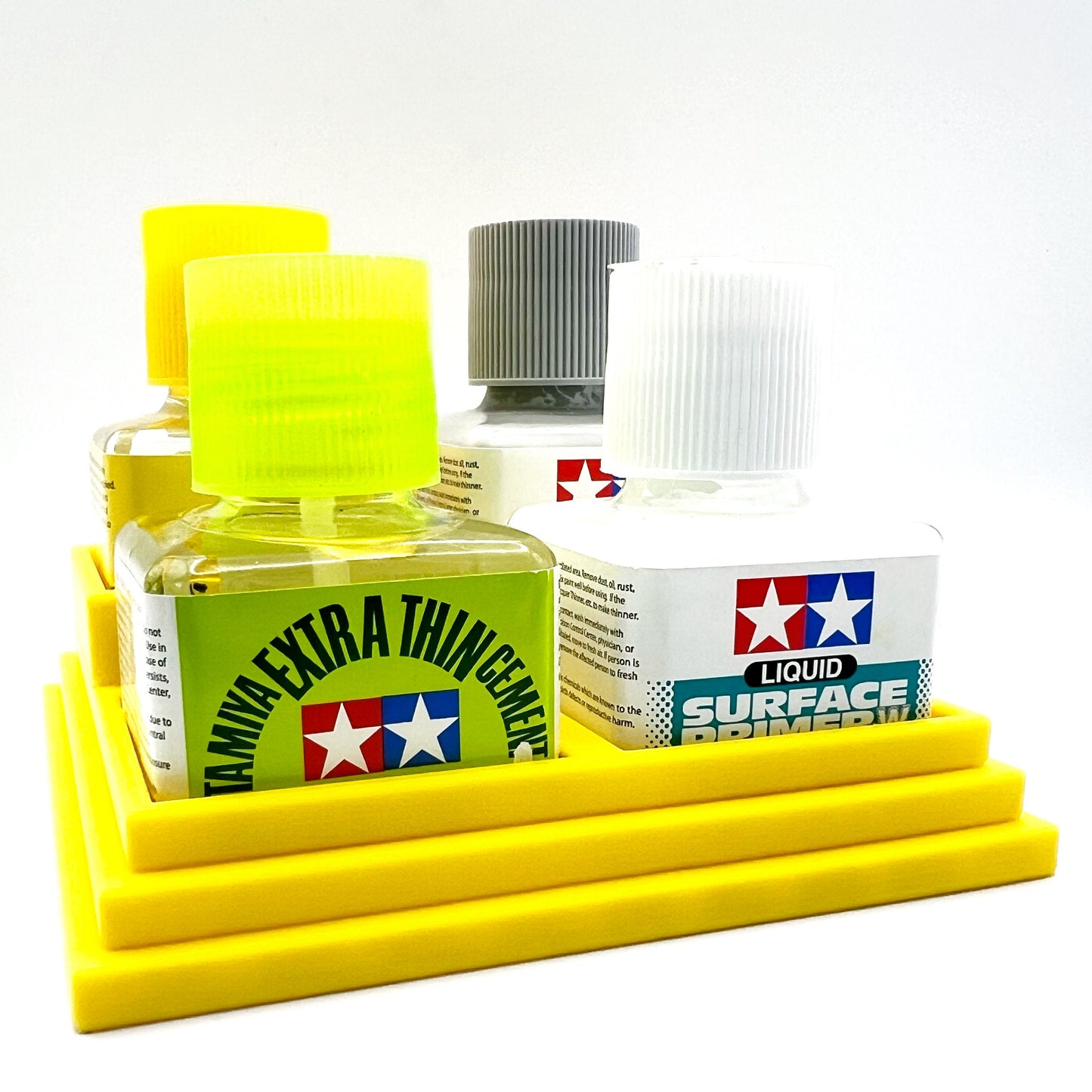 Anti-Tip 3D Printed Tamiya Glue Bottle Holder Stepped Quad Square with Rubber FeetTamiya 87038 87182