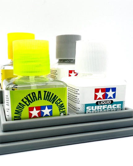 Anti-Tip 3D Printed Tamiya Glue Bottle Holder Stepped Quad Square with Rubber FeetTamiya 87038 87182