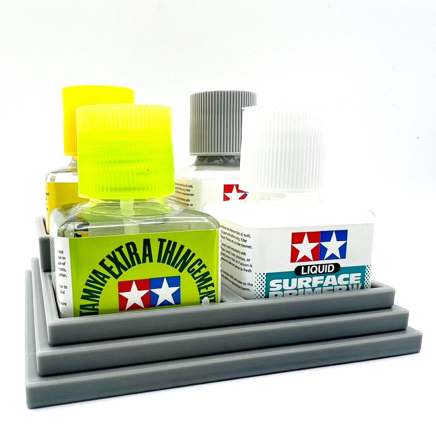 Anti-Tip 3D Printed Tamiya Glue Bottle Holder Stepped Quad Square with Rubber FeetTamiya 87038 87182