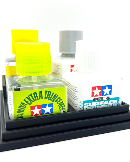 Anti-Tip 3D Printed Tamiya Glue Bottle Holder Stepped Quad Square with Rubber FeetTamiya 87038 87182