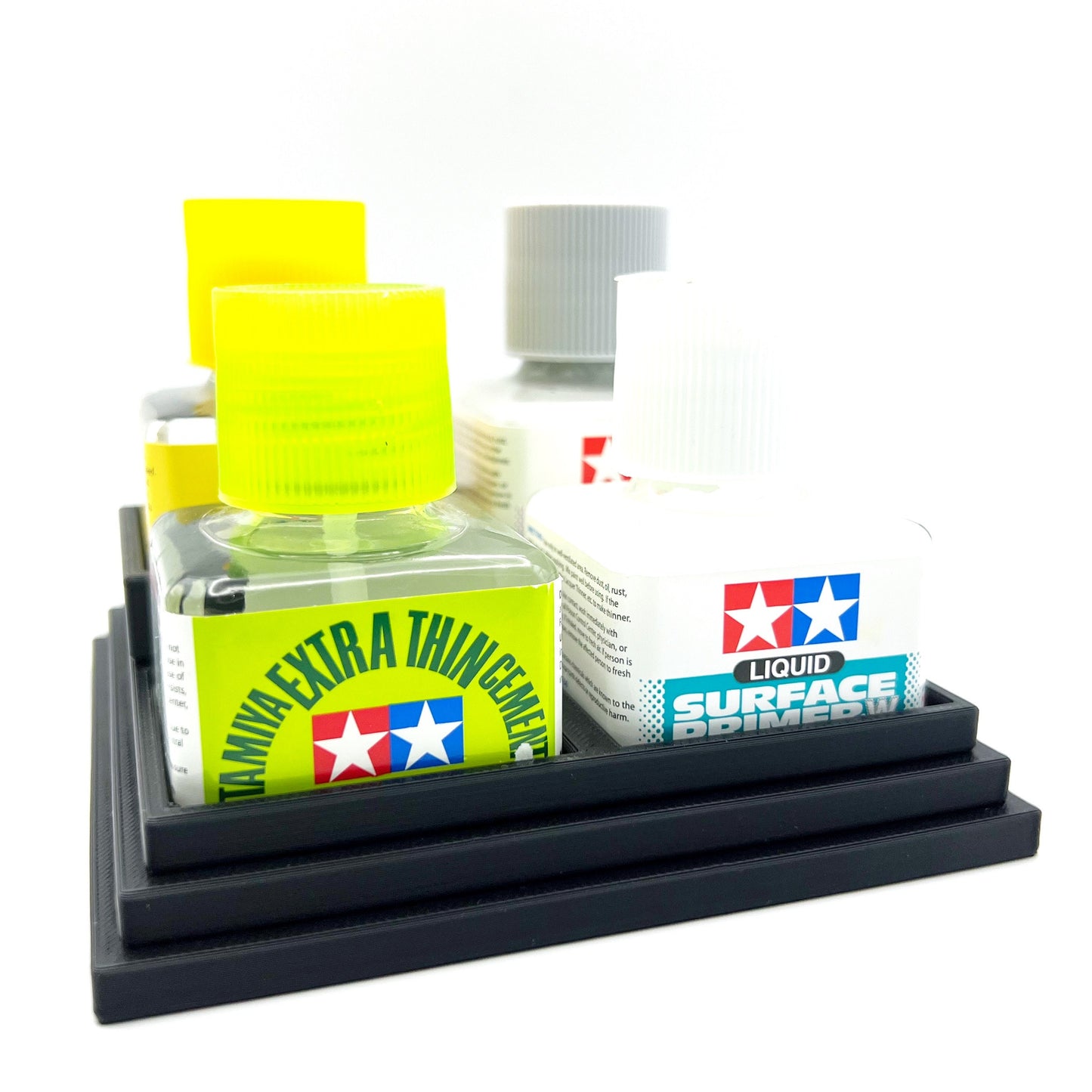 Anti-Tip 3D Printed Tamiya Glue Bottle Holder Stepped Quad Square with Rubber FeetTamiya 87038 87182