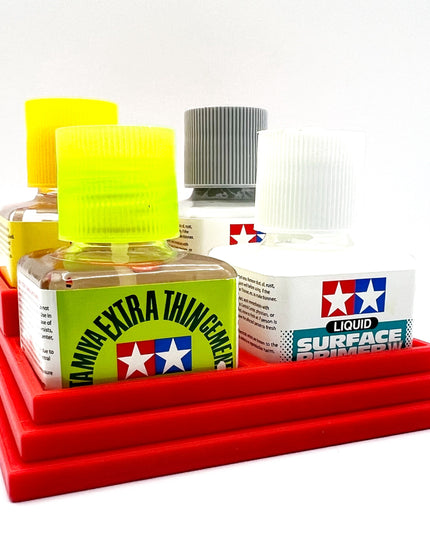 Anti-Tip 3D Printed Tamiya Glue Bottle Holder Stepped Quad Square with Rubber FeetTamiya 87038 87182