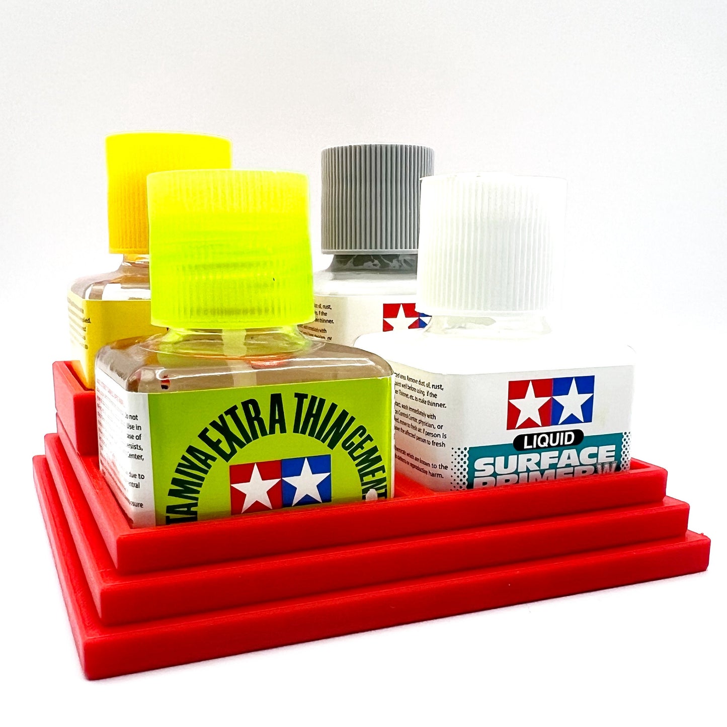 Anti-Tip 3D Printed Tamiya Glue Bottle Holder Stepped Quad Square with Rubber FeetTamiya 87038 87182