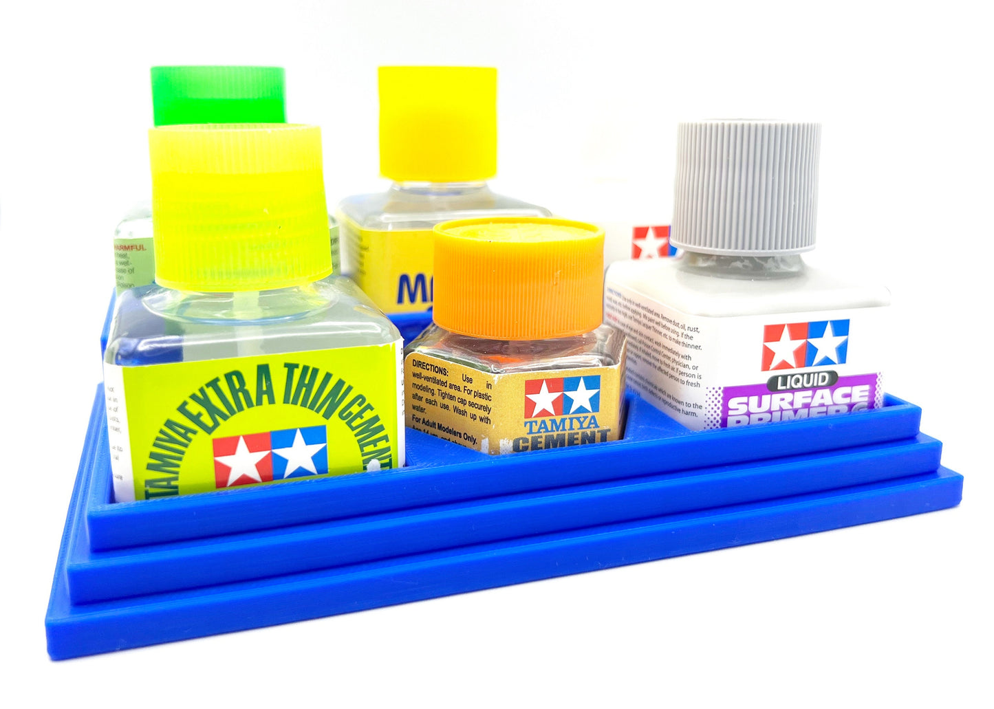 Anti-Tip 3D Printed Tamiya Glue Bottle Holder Stepped 5 Square & Hex with Rubber Feet Tamiya 87038 87012