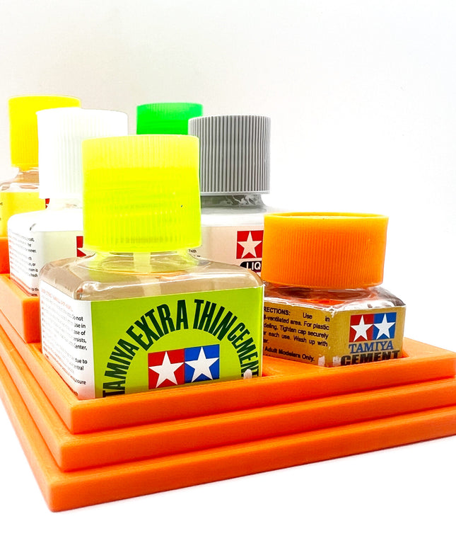 Anti-Tip 3D Printed Tamiya Glue Bottle Holder Stepped Narrow 6 Square with Rubber Feet Tamiya 87038 87182