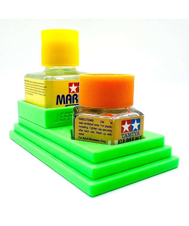 Anti-Tip 3D Printed Tamiya Glue Bottle Holder Stepped Square and Hex with Rubber Feet Tamiya 87038 87012