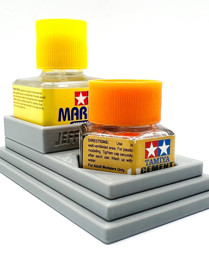 Anti-Tip 3D Printed Tamiya Glue Bottle Holder Stepped Square and Hex with Rubber Feet Tamiya 87038 87012