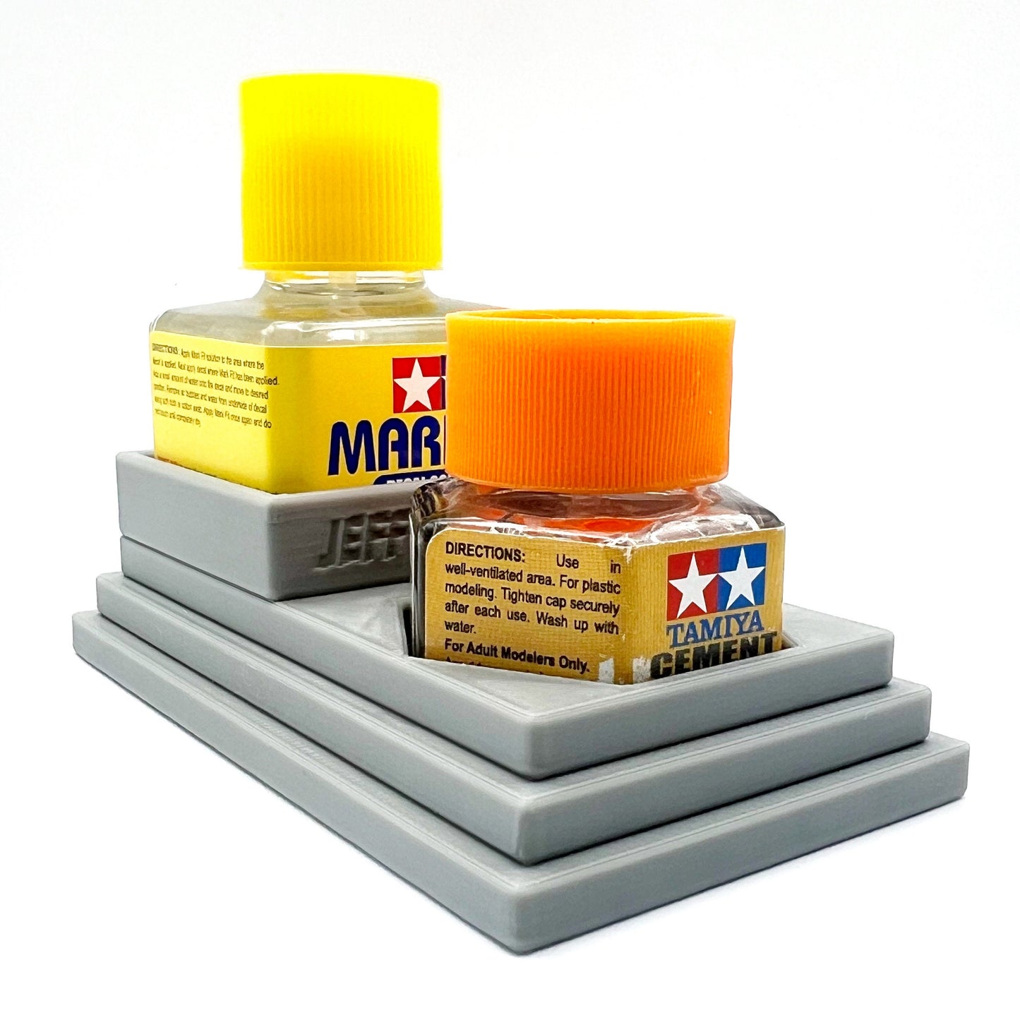 Anti-Tip 3D Printed Tamiya Glue Bottle Holder Stepped Square and Hex with Rubber Feet Tamiya 87038 87012