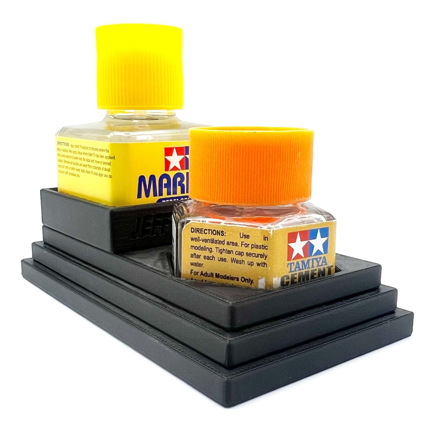 Anti-Tip 3D Printed Tamiya Glue Bottle Holder Stepped Square and Hex with Rubber Feet Tamiya 87038 87012