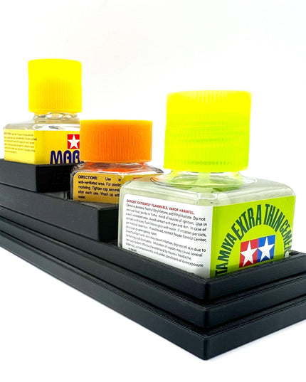 Anti-Tip 3D Printed Tamiya Glue Bottle Holder Stepped Double Square & 1 Hex with Rubber Feet Tamiya 87038 87012