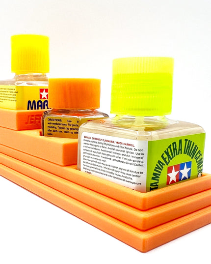 Anti-Tip 3D Printed Tamiya Glue Bottle Holder Stepped Double Square & 1 Hex with Rubber Feet Tamiya 87038 87012
