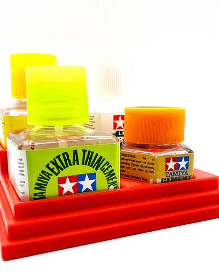 Anti-Tip 3D Printed Tamiya Glue Bottle Holder Stepped 3 Square and 1 Hex with Rubber Feet Tamiya 87038 87012
