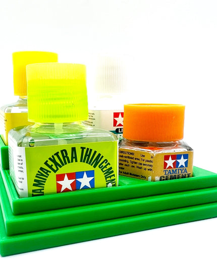 Anti-Tip 3D Printed Tamiya Glue Bottle Holder Stepped 3 Square and 1 Hex with Rubber Feet Tamiya 87038 87012