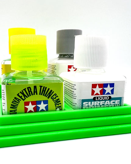 Anti-Tip 3D Printed Tamiya Glue Bottle Holder Stepped Quad Square with Rubber FeetTamiya 87038 87182